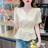 2025 Summer New French Double-Layer Lotus Lace Strapped Stylish Magenta Shirt Super Fairy Top