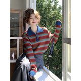Vintage POLO Collar Striped Knitted Shirt Girl Spring And Autumn Small Loose Short-Sleeved Sweater Chic Top