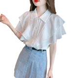 2025 New Ocean Temperament White Short-Sleeved Chiffon Shirt Women Summer Dress Side Tops Fashion Yang Women