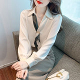 High Sense Of The New Chiffon Shirt Fashion Professional Collared Collared Women V Collar Long-Sleeved Shirt Spring