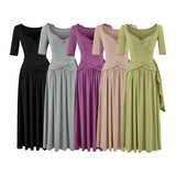 French Temperament Kinesiky Mid-Sleeve Dress Women Summer Waist Splicing Design Pure Luster Collar Ribbon Long Skirt