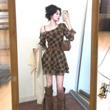 French Style Tinger Shoulder Long-Sleeved Dress Women Autumn New Beautiful Temperament Waist Thin Leaves Side Short Skirt