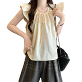 Dopamine Crane In Blue Design Small Flying Sleeve Shirt Women Summer Loose Bow Doll Shirt Beauty Top