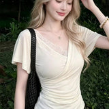 Pure Lust Lace Splicing Short-Sleeved T-Shirt For Girls Summer New Small Flying Sleeves To Repair The Body Of The Hot Girl