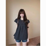 Sweet Doll Collar Plaid Bubble Sleeve Strap With Short-Sleeved Shirt Women's Summer Waist Casual Wind Thin Top