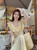 French Gentle Wind Sweet Age To Reduce The Field Wind Broken Flower Dress In The Long Temperament Square Lotus Leaf Side Skirt