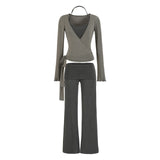 Korean Suit Strapped Knitted Cardigan T-Shirt Women Hanging Neck Hanging Slings Feel Leisure Pants Anti-Walking Half-Dress Skirt