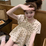 French Round-Neck Bow Bow Print Short-Sleeved Shirt Women's Clothing 2025 Summer Fold Reduction Loose Coat Bubble Sleeve