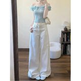 White Textured Wide-Legged Jeans Women's Autumn Thin High-Waist Loose-Fitting Taut Trousers