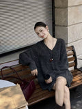 Large-Size Gray Knitted Set Of Women's Autumn And Winter New Korean Version Of Loose V-Neck Sweater High-Waisted Half Skirt Two-Set