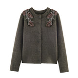 Spring New Beads Round-Neck Knitted Shirt Jacket 3920090