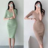 Korean Version Of Autumn Green V-Neck Thin Knitted Dress Short Sleeve Comfortable Slimming High-Waisted Hip Dress