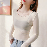 2025 New Wooden Ear-Side Short Mesh Jersey Women's Big Round Neck Thin Sling Skirt Lace Top