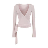 Ballet Style Bottom Hanging Neck Sling + Long Sleeve With Open Shirt + Lateral Waist Hanging Micro-Horn Pants Three-Piece Set Of Women