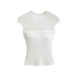 Temperament Sexy Mesh Splicing Round Neck Short-Sleeved T-Shirt Girl Summer Hottie Waist Slimming On The Bottom