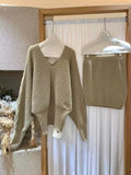 Sweater Suit Women's Autumn And Winter V Collar Languid Wind Relaxed Feeling Bat Sleeve Knitted Blouse Skirt Two-Piece