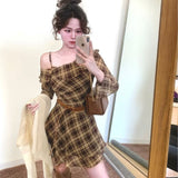French Style Tinger Shoulder Long-Sleeved Dress Women Autumn New Beautiful Temperament Waist Thin Leaves Side Short Skirt