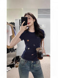 92 Cotton 8 Spandex Summer Slimming With Embroidery Short-Sleeved Girl T-Shirt Cartoon Puppy Print Design Small Blouse