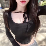 South Korea's Spring And Summer New Temperament Slim Slim Slim Hanging Neck Belt Tight Body Bra Short Long-Sleeved T-Shirt Women Ins