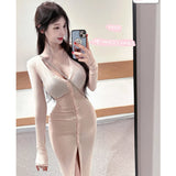 Temperament Slime V-Necked Body Long-Sleeved Long-Sleeved Mid-Long Dress Spring And Autumn New Korean High-Waisted Hip Dress Ins
