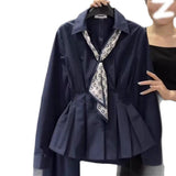 Silk Scarf With Long-Sleeved Shirt Women's Autumn New High-End Design Temperament To Reflect The Waist Thin Shirt Spring And Autumn Shirt Tide