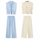 Summer New Sleeveless Top 1971140 Elastic Waist Wide Leg Trousers 19711040
