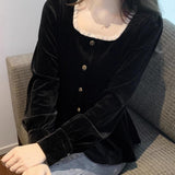 Fat Mm Autumn Blouse French Style Collar Long Sleeve Gold Velvet Shirt Female Lace Splicing Meat Cover Shirt Temperament Elegant