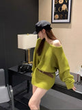 French Medium And Long Oblique Shoulder Knitted Dress Women's Autumn And Winter New Waists Thin Inside The Bottom Of The Ass Skirt