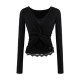 Purely Sexual Low-Breast V-Neck Holiday Two Long-Sleeved T-Shirt Women's Autumn And Winter New Tying Lace Inside The Bottom Shirt