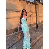 Mint Green Print Mesh Seaside Seaside Vacation Dress Women Summer Sexy Slime Slings Long Skirts