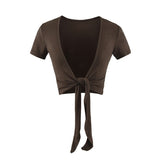 Temperament Pure Style Outside The Strap Shawl Short-Sleeved T-Shirt Girl Summer Hot Girls Folded Casual High-Waist Dance Tops