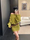 French Medium And Long Oblique Shoulder Knitted Dress Women's Autumn And Winter New Waists Thin Inside The Bottom Of The Ass Skirt