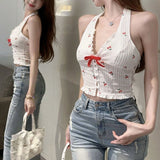 French Idyllic Cherry-Print Bow V-Neck Hanging Neck Sling Pure Sweet Hot Sexy Back Dress Woman Summer
