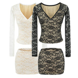 Light Familiar Wind V-Neck Hollow Lace Long-Sleeved Top Dress Showing Thin Low-Waisted Temperament Ass Short Skirt Sexy Two-Set Woman