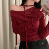 South Korea's New Autumn French Retro Design Pure Lusty Shoulder Temperament Thin With Long-Sleeved T-Shirt Girl