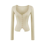 Lyselle V-Neck Button Long-Sleeved T-Shirt Girl Summer Slimming Pure Sexny Chest Bottom Top