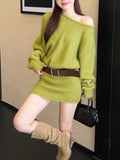 French Medium And Long Oblique Shoulder Knitted Dress Women's Autumn And Winter New Waists Thin Inside The Bottom Of The Ass Skirt