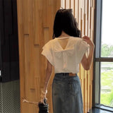 French Sweet Flying Sleeve T-Shirt Girl 2025 Summer New Back Bow Knot Chic Beautiful Little Blouse