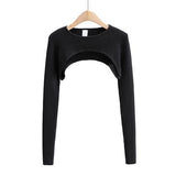 Sweet Spicy Wind Long Sleeves Super Short-Sized Hoodie Women's Spring And Autumn New Round Collar Solid Color T-Shirt Sleeves Outside The Hooded Tide