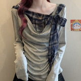 Spring And Autumn Pure Want To Fake Two Lattice Hot Girl Long-Sleeved T-Shirt Girl Autumn Bottom Shirt Tie Inside The Shoulder Jacket