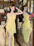Pure Hottie Seaside Photo Dress Yellow Lace Hanging Neck Before The Back Of The Long Dress Ambience Island Skirt