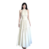 French White Hanging Neck Dress Summer New Waist Temperament Super Fairy Holiday Style Sleeveless Long Skirt