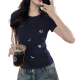 92 Cotton 8 Spandex Summer Slimming With Embroidery Short-Sleeved Girl T-Shirt Cartoon Puppy Print Design Small Blouse