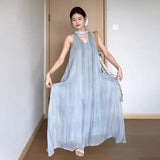 Seaside Vacation Blue Sleeveless Hanging Neck Hanging Neck Dress Women's Summer 2025 New Popular Beautiful Dress