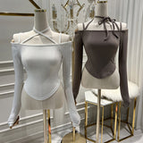 Two-´© Design-Sensitive Slings With T-Shirt Inclined Hem Irregular T-Shirt Tighten Thin Long Sleeve Collar