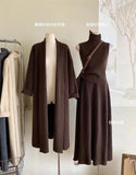 Fashion Suit Women's Autumn And Winter Lazy Loose Knitted Long Shawl Cardigan + High-Neck Sweater + Half-Dress Three-Piece Set