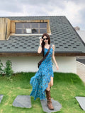 Chiffon + Invisible Zipper Holiday Wind And Flowers Hanging Dress Women's Summer Design Irregular Dress Waist