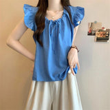 Dopamine Crane In Blue Design Small Flying Sleeve Shirt Women Summer Loose Bow Doll Shirt Beauty Top