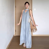 Seaside Vacation Blue Sleeveless Hanging Neck Hanging Neck Dress Women's Summer 2025 New Popular Beautiful Dress