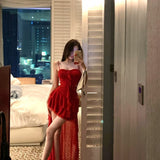 Great Northwest Tourism Xinjiang Prairie To Take Pictures And Wear Holiday Long Dresses Women's Red Tuxedo Irregular Sling Dress